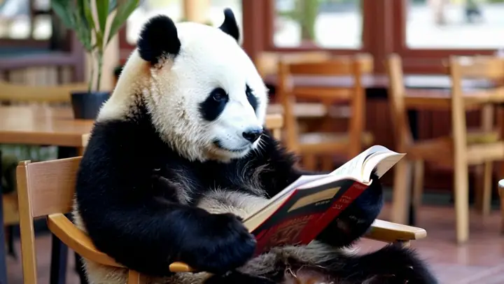 A panda reading beside a café window